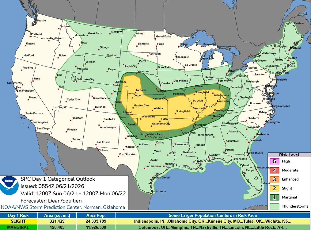 SPC day 1 convective outlook issued on June 21, 2026