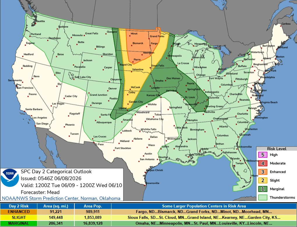 SPC day 2 categorical outlook valid through June 10, 2026