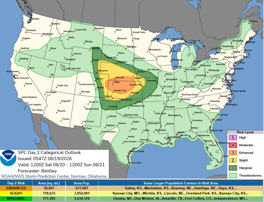 SPC day 2 convective outlook issued on June 19, 2026
