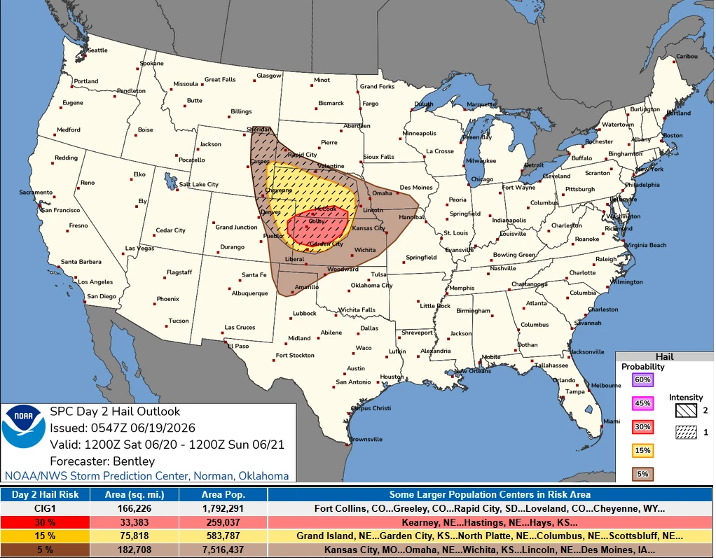SPC day 2 hail outlook issued on June 19, 2026