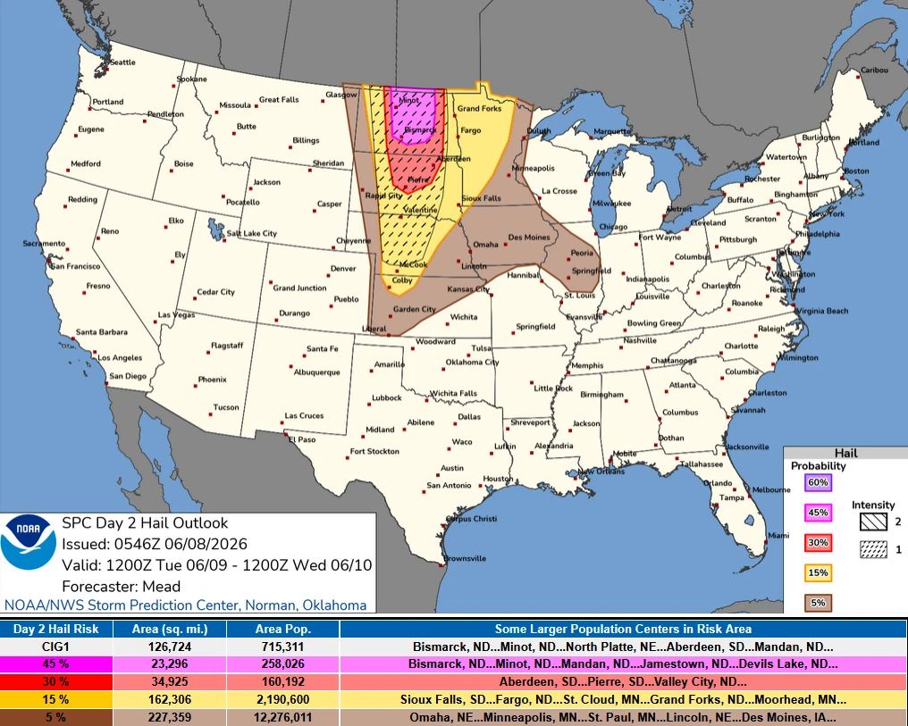 SPC day 2 hail outlook valid through June 10, 2026