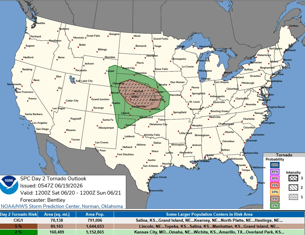 SPC day 2 tornado outlook issued on June 19, 2026