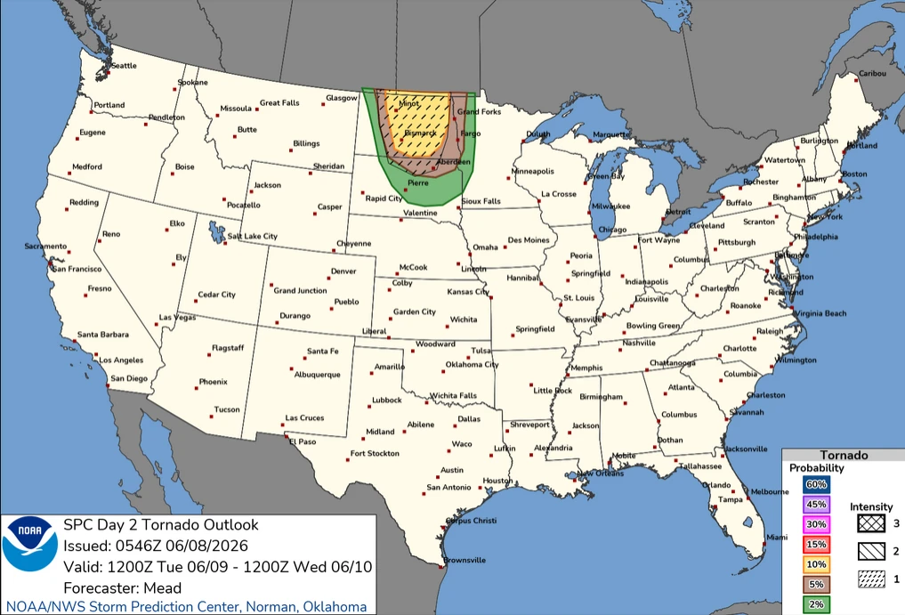SPC day 2 tornado outlook valid through June 10, 2026
