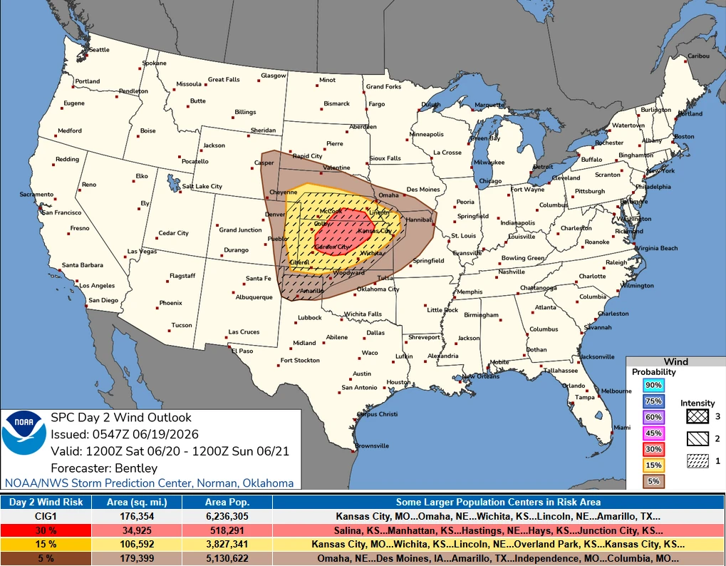 SPC day 2 wind outlook issued on June 19, 2026