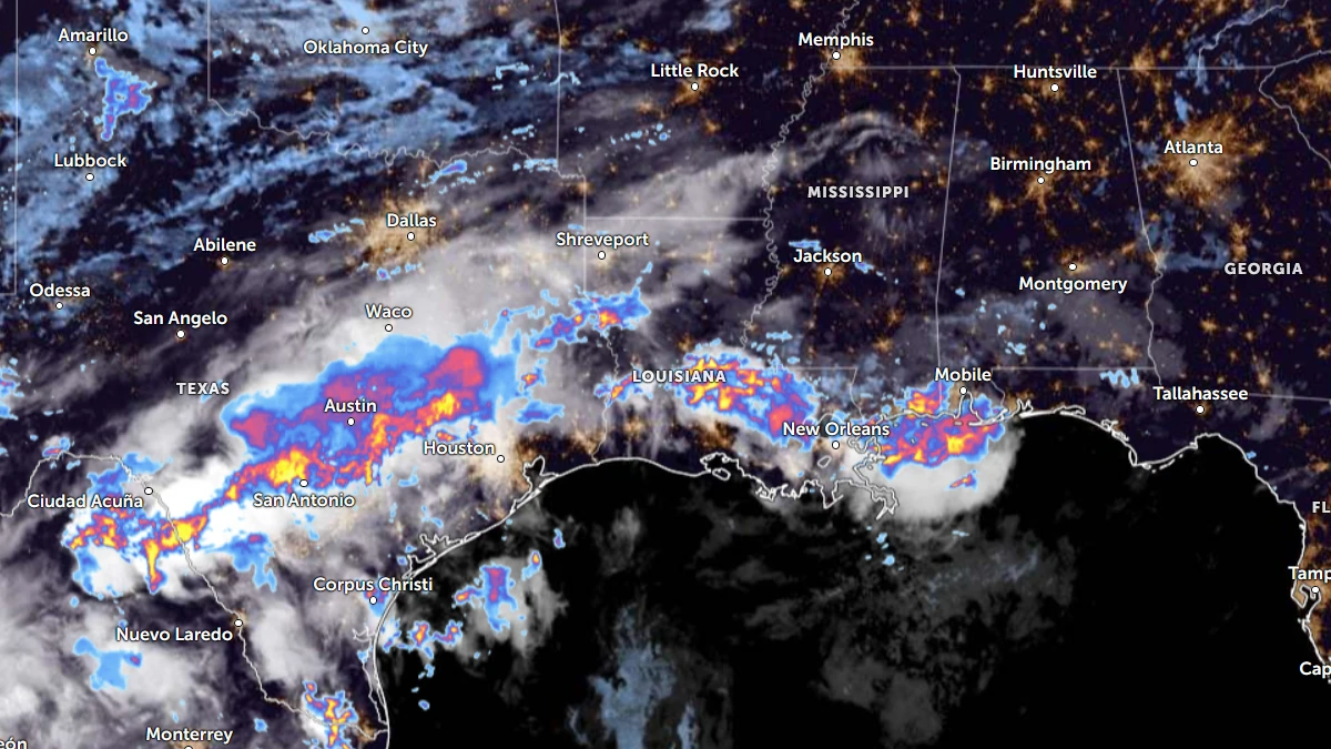 Satellite image of the US gulf coast at 1040 UTC on June 15, 2026, with rain radar.