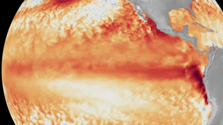 Satellite imagery showing the difference from average sea surface temperatures at the equator in the tropical Pacific Ocean