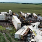 Train derailed near Monmouth, Illinois on June 17, 2026 after tornadoes and straight lines winds rip through the state.