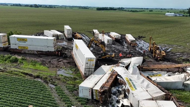 Train derailed near Monmouth, Illinois on June 17, 2026 after tornadoes and straight lines winds rip through the state.