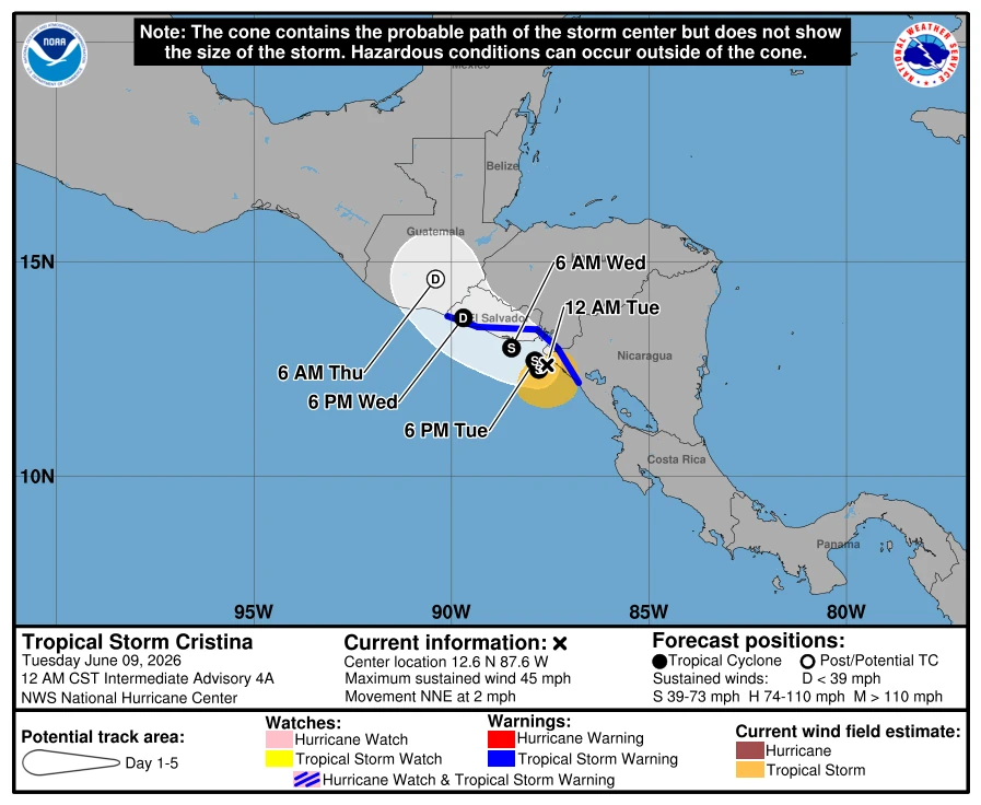 Tropical Storm Cristina forecast track- NHC - June 9, 2026
