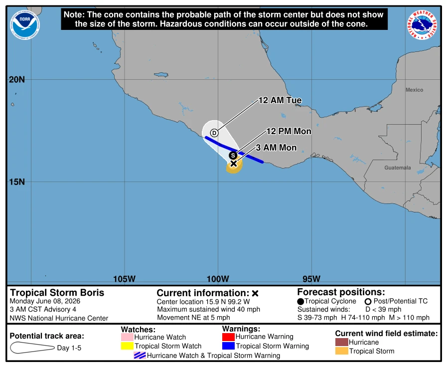 Tropical storm Boris Forecast track-NHC-June 8, 2026