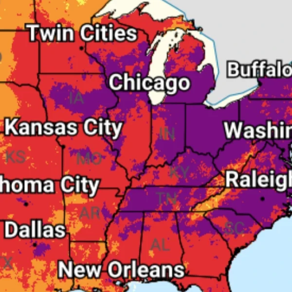extreme heat risk map for central and eastern USA through July 4, 2026