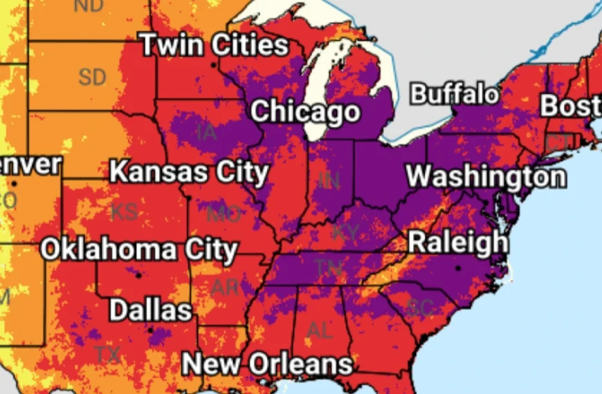 extreme heat risk map for central and eastern USA through July 4, 2026