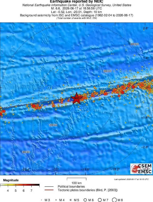 m6.6 earthquake central mid atlantic ridge june 17 2026 emsc regional seismicity