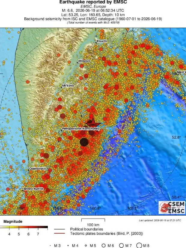 m6.6 earthquake near east coast of kamchatka russia june 19 2026 emsc regional seismicity