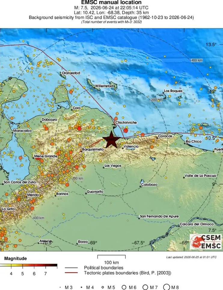 m7.5 earthquake carabobo venezuela june 24 2026 emsc regional seismicity