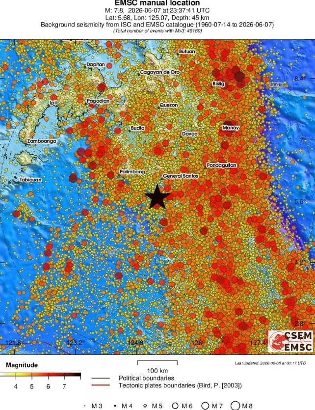 m7.8 earthquake mindanao philippines june 7 2026 emsc regional seismicity