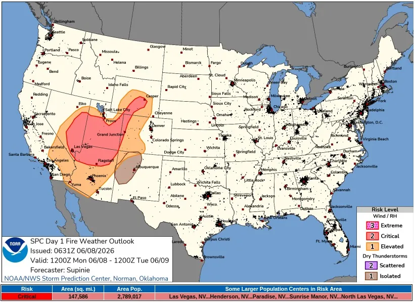 spc day 1 fire weather outlook valid 24 hours to 1200 utc on june 9 2026