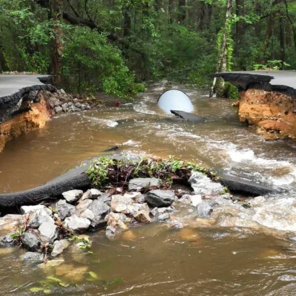 washed-out section of Jim Byrd Road in Woolmarket near Biloxi, Mississippi on June 18, 2026