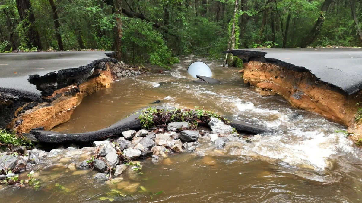 washed-out section of Jim Byrd Road in Woolmarket near Biloxi, Mississippi on June 18, 2026