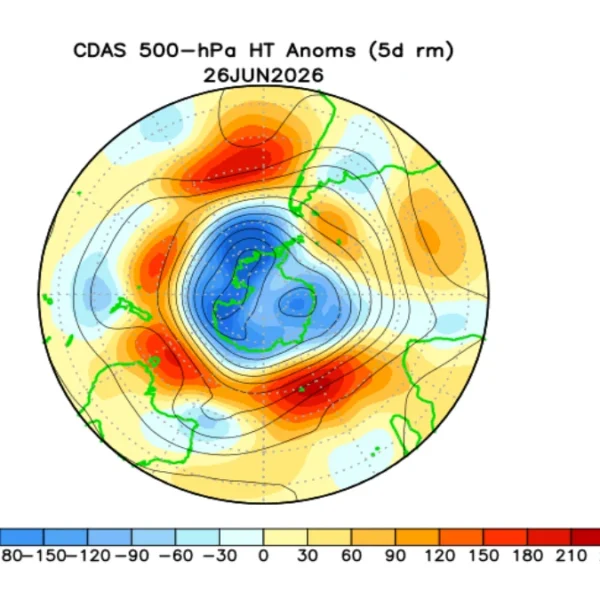 500-hPa heights and anomalies, June 26, 2026