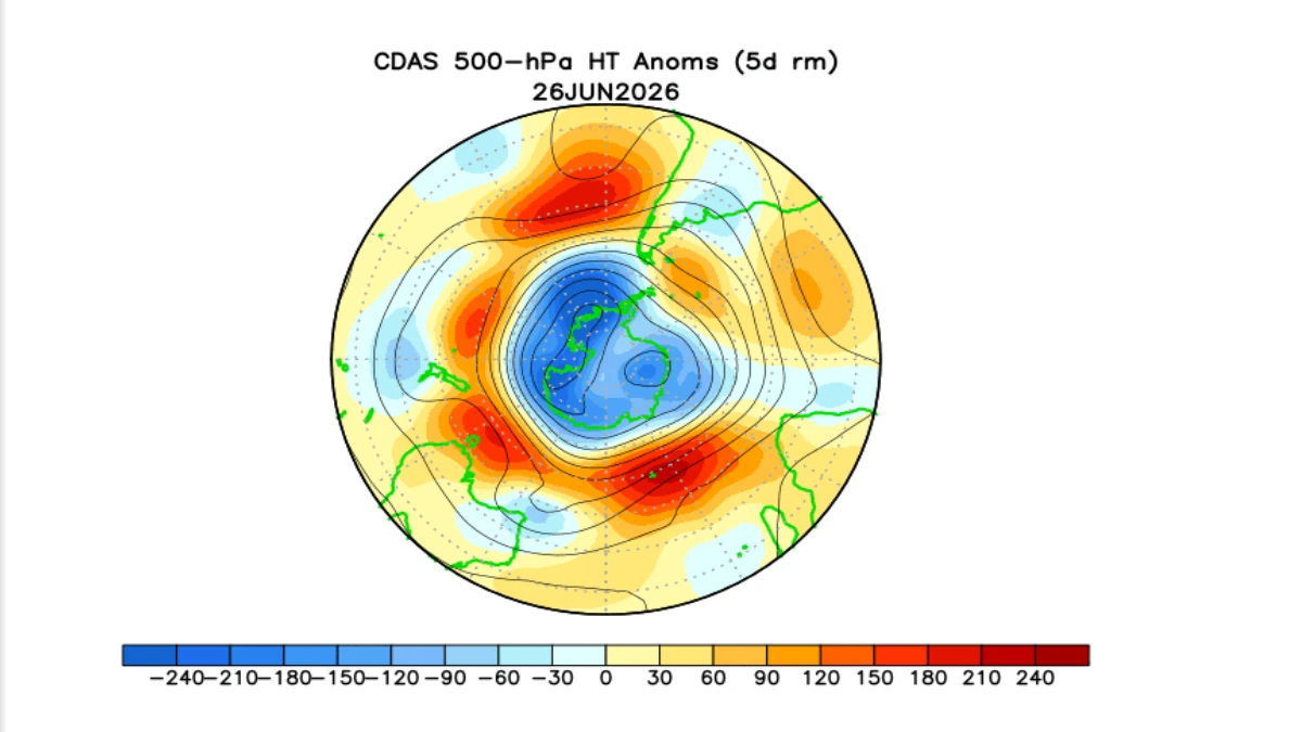 500-hPa heights and anomalies, June 26, 2026