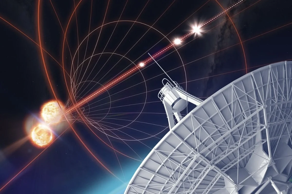 An artists conception of the GW170817 afterglow being observed by an antenna of the Very Large Array