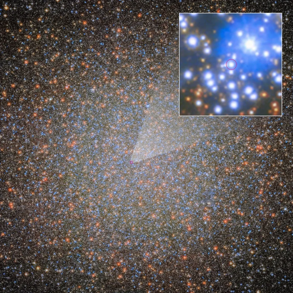 Astronomers found Omega Centauri’s first stellar-mass black hole, which has a visible star companion that is shown in greater detail