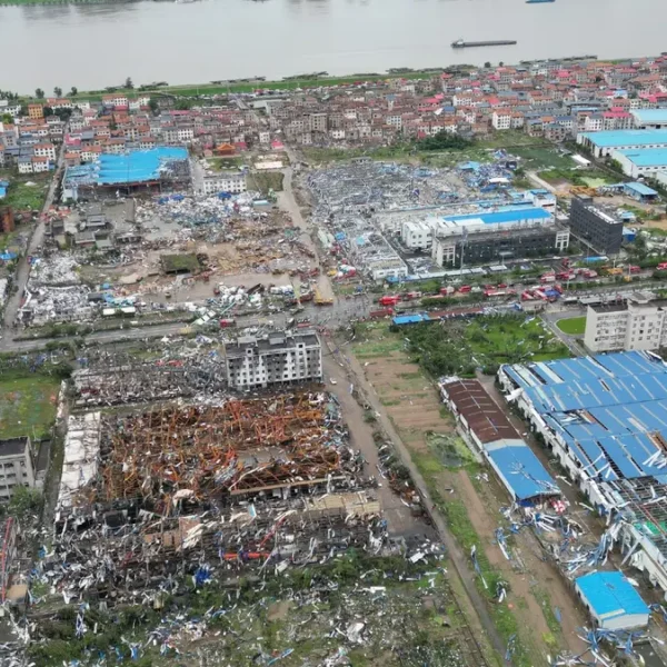 Daylight reveals extensive tornado damage across Huanggang, Hubei Province, after the rare EF2 tornado on July 6, 2026