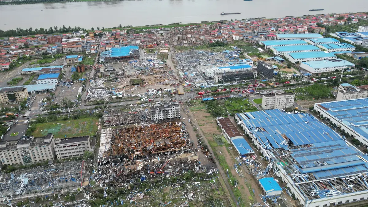 Daylight reveals extensive tornado damage across Huanggang, Hubei Province, after the rare EF2 tornado on July 6, 2026