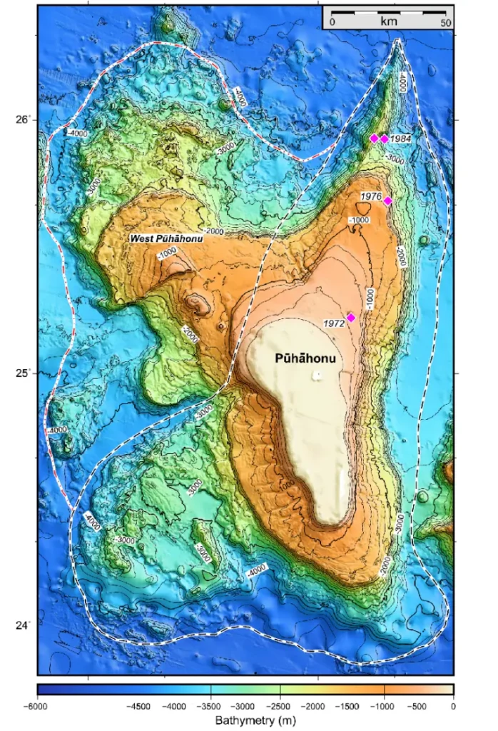 Detailed bathymetric map of Pūhāhonu volcano, the largest shield volcano produced on Earth in the last 60 million years