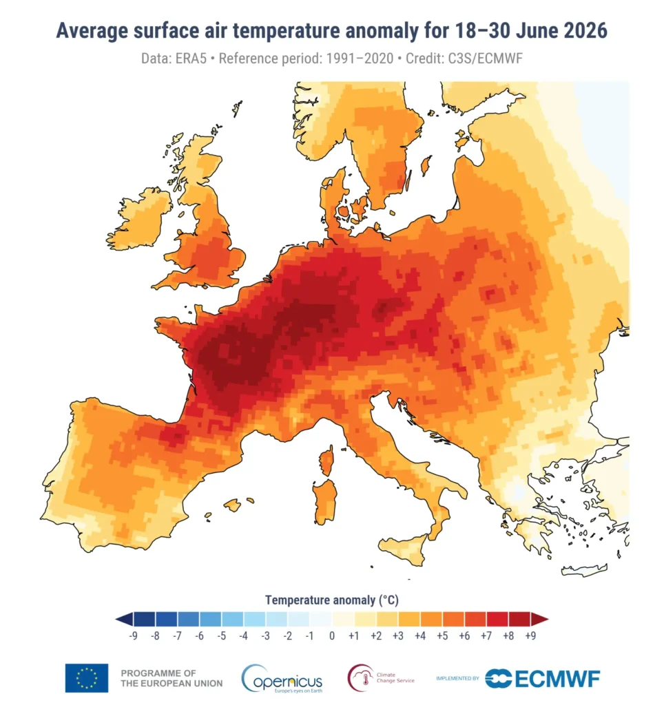 European surface temperature anomalies, June 2026