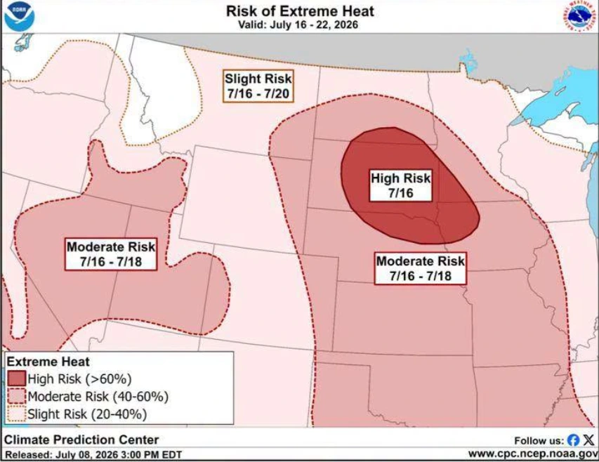 Extreme heat risk map-usa-noaa-cpc-july 16-22, 2026