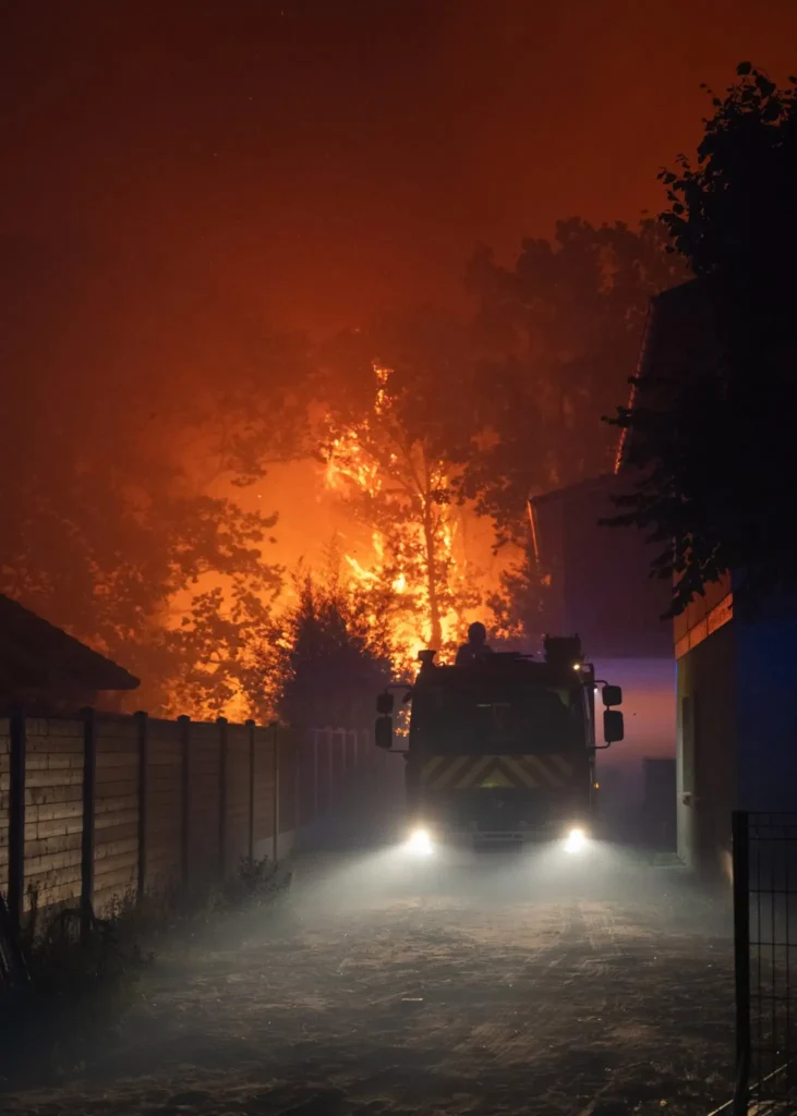 Firefighters battle a rapidly spreading wildfire near Lège-Cap-Ferret, Gironde, France, on July 24, 2026