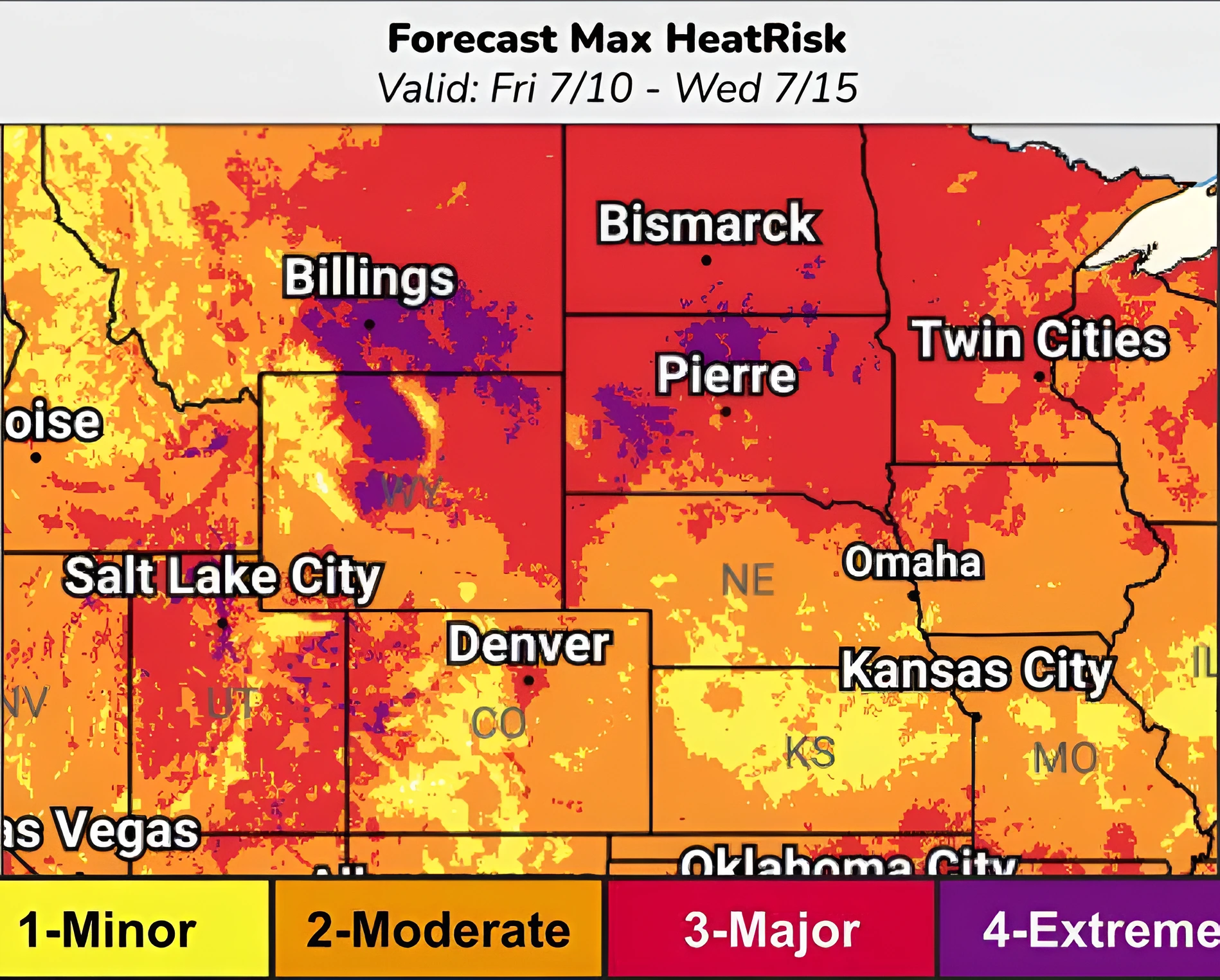 Heatrisk forecast map for intermountain west and Plains-NWS-WPC-July 10-15,2026