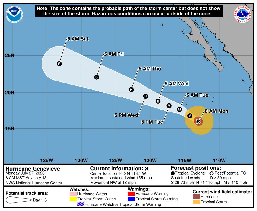 Hurricane Genevieve forecast track by NHC on July 27, 2026