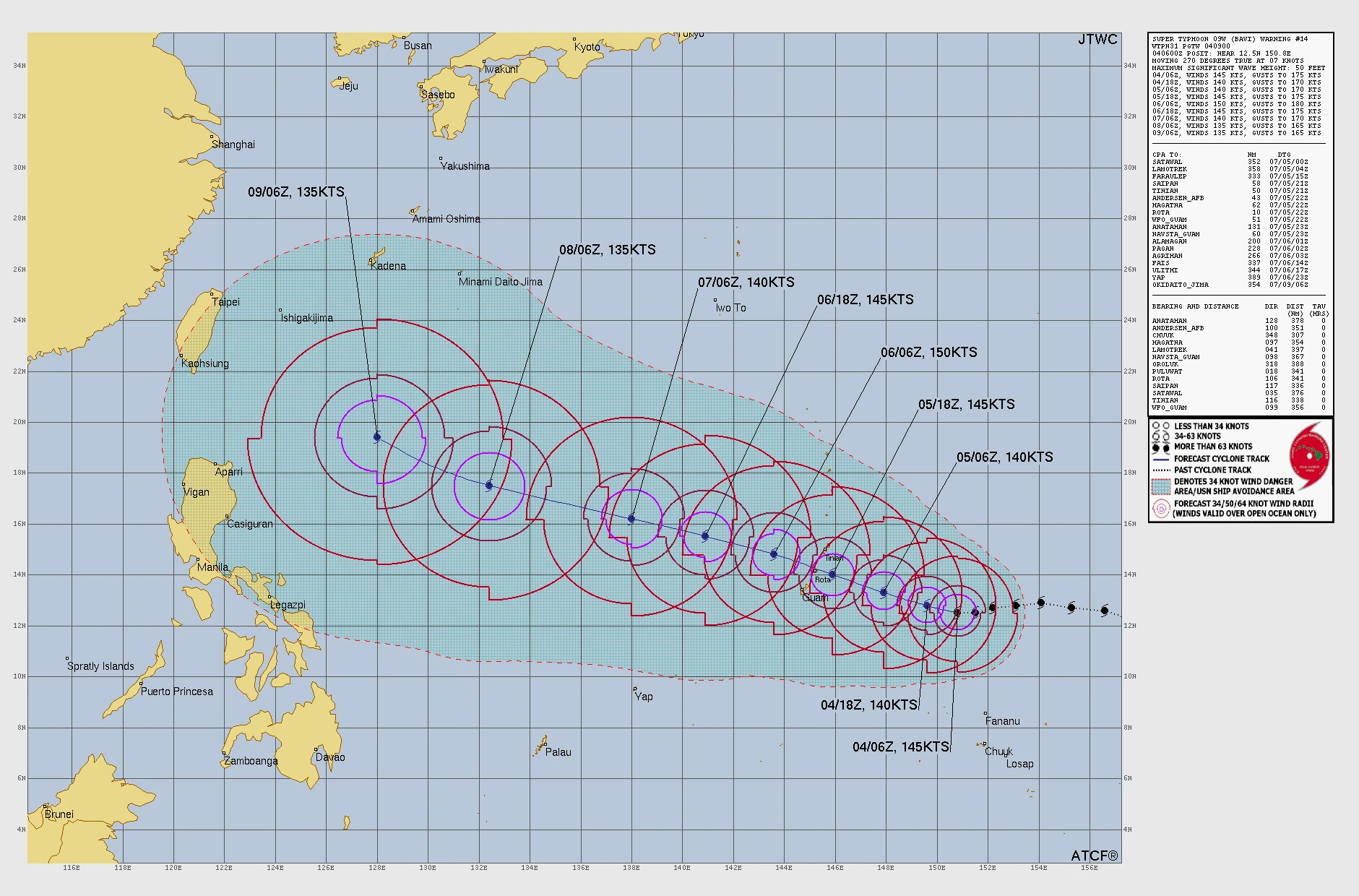 JTWC forecast track for Super Typhoon Bavi on July 4, 2026