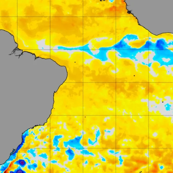 NOAA coral reef watch 5 km SST july 16, 2026 shows a developing cold anomaly in the Atlantic. Credit: NOAA