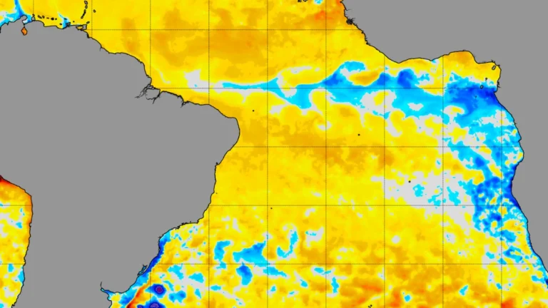 NOAA coral reef watch 5 km SST july 16, 2026 shows a developing cold anomaly in the Atlantic. Credit: NOAA