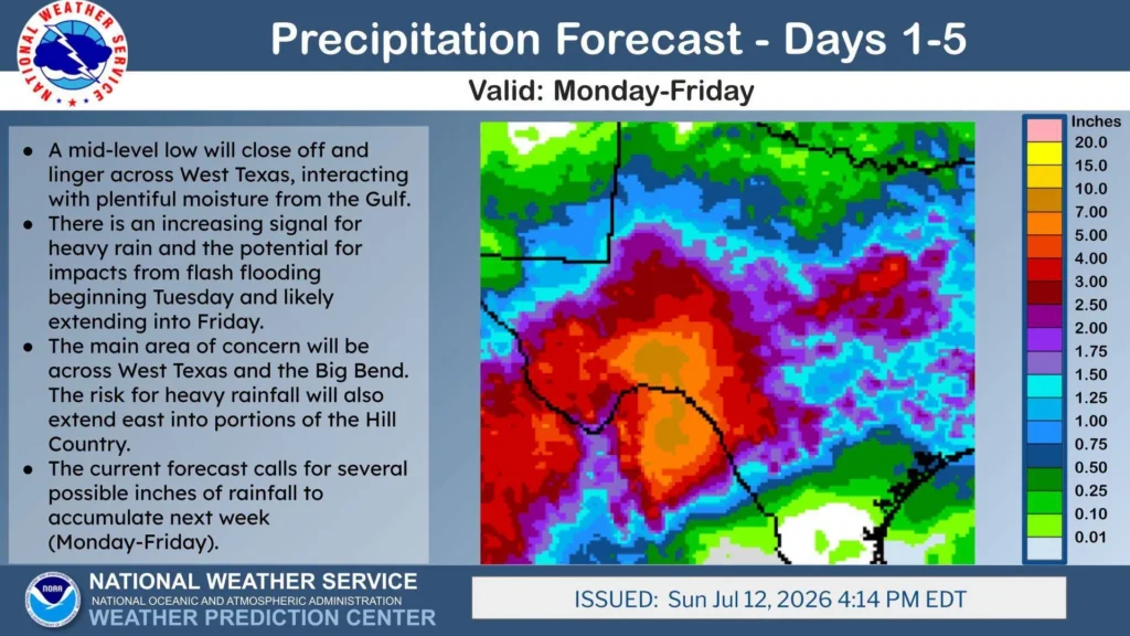 NWS-WPC-rainfall forecast for southwestern and south central texas through July 13-17, 2026