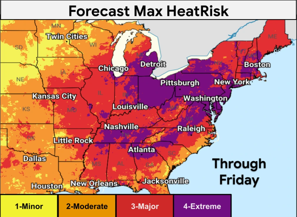 NWS maximum heat forecast map through July 4, 2026