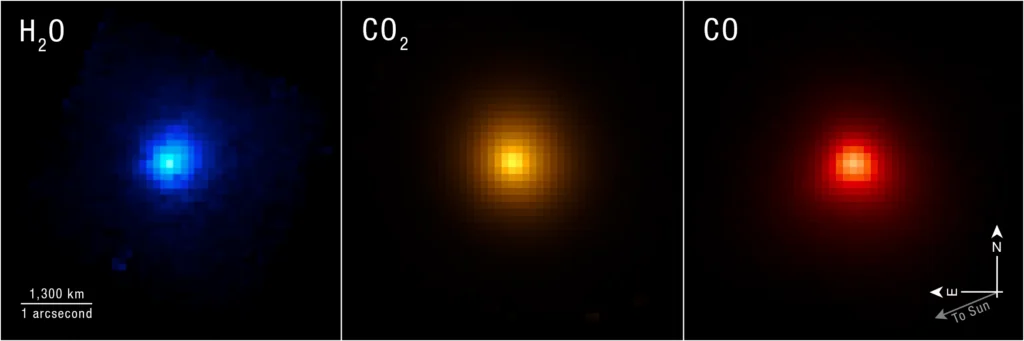 Researchers used the NIRSpec (Near-Infrared Spectrograph) instrument on NASA’s James Webb Space Telescope to map specific chemical contents of comet 3I:ATLAS as it moved away from the Sun.