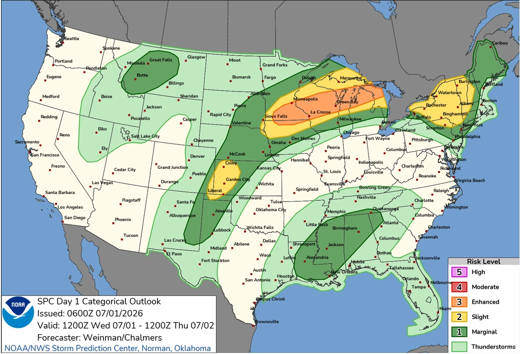 SPC day 1 convective outlook for July 1, 2026