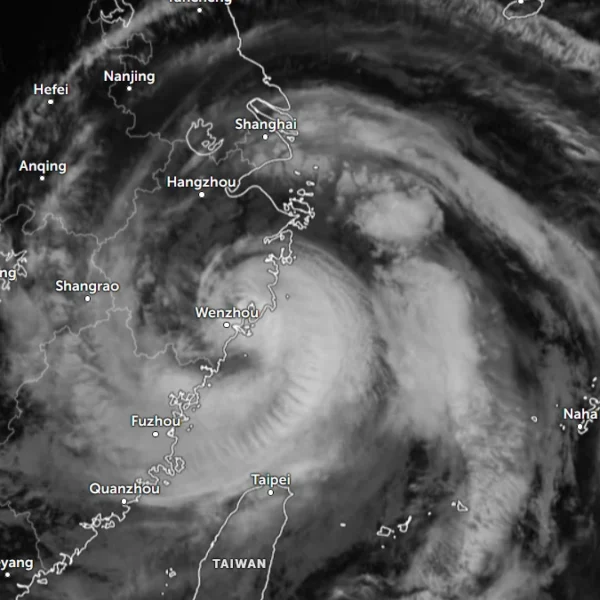 Satellite image Typhoon Bavi making landfall over eastern China at 1520 UTC, July 11, 2026