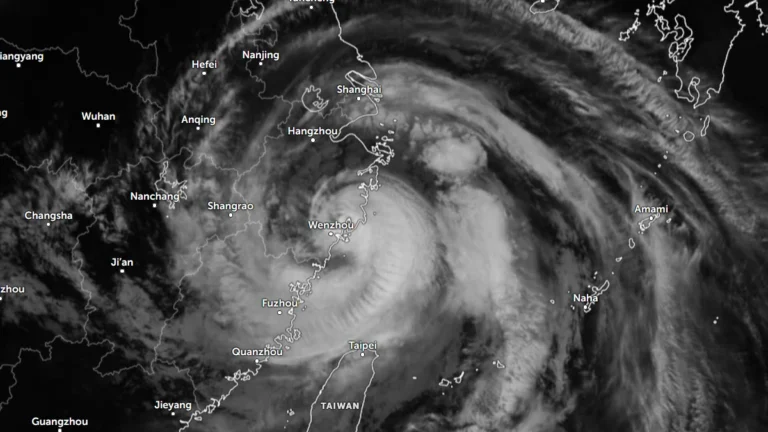 Satellite image Typhoon Bavi making landfall over eastern China at 1520 UTC, July 11, 2026