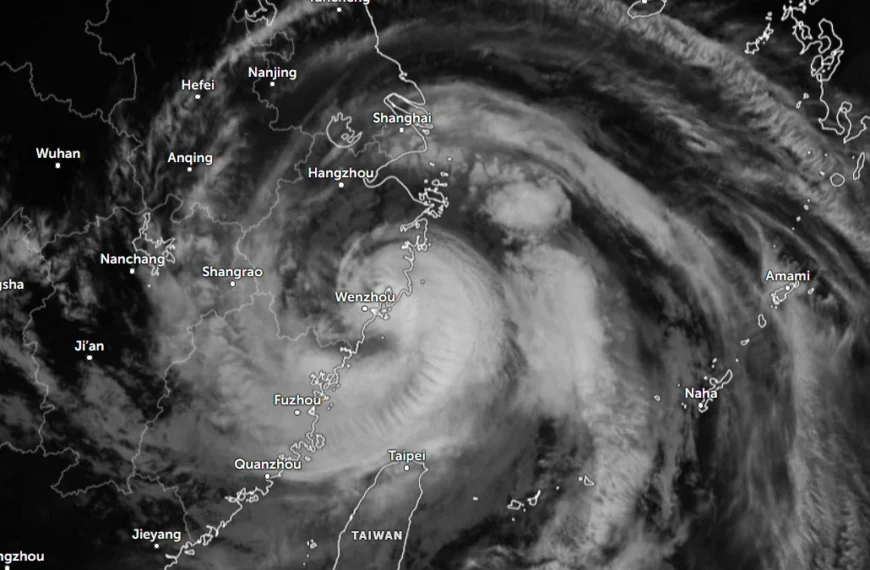 Satellite image Typhoon Bavi making landfall over eastern China at 1520 UTC, July 11, 2026