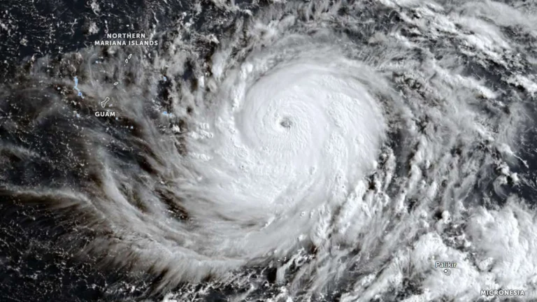 Satellite image of Category 5 super typhoon Bavi at 2100 UTC on July 3, 2026