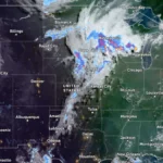 Satellite image of the USA with radar overlay at 1220 UTC on July 1, 2026