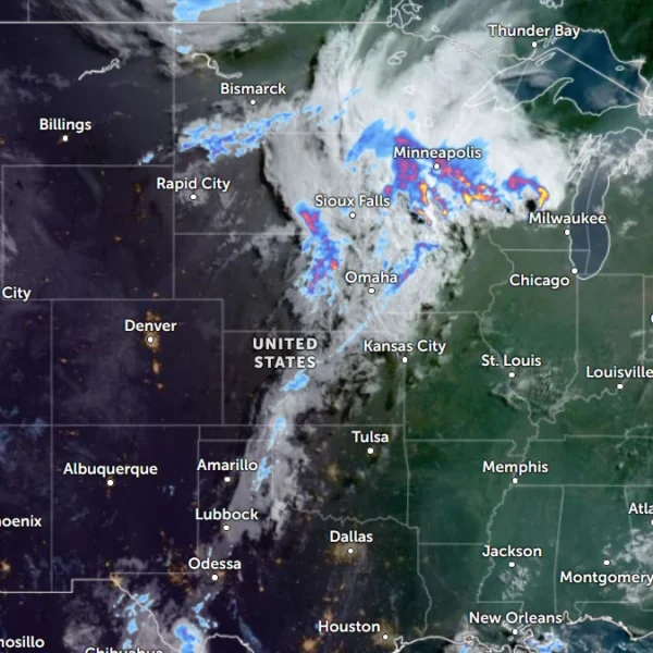 Satellite image of the USA with radar overlay at 1220 UTC on July 1, 2026
