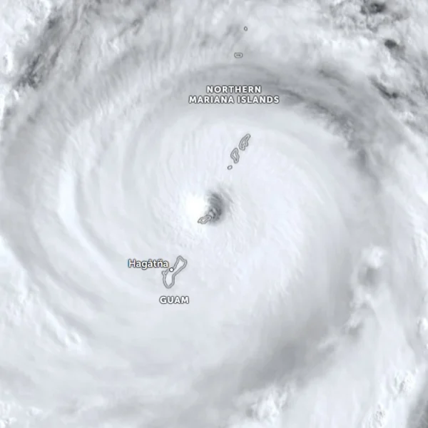Satellite image of the eye of Category 5 super typhoon Bavi Over Rota, Northern Mariana Islands at 2230 UTC on July 5, 2026