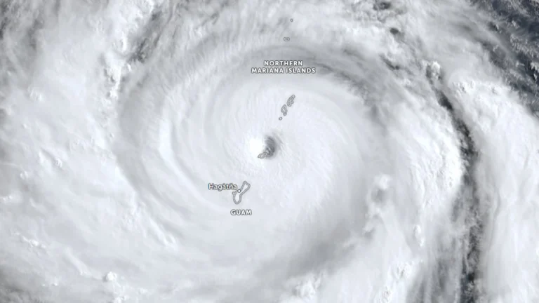 Satellite image of the eye of Category 5 super typhoon Bavi Over Rota, Northern Mariana Islands at 2230 UTC on July 5, 2026